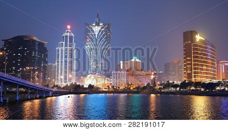 Nam Van Lake Macau- 22 January 2019: Timelapse of Macau city skyline at night