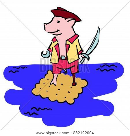 Funny Costumed Pig Corsair With Cutlass And Hook