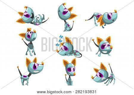Cute Robotic Dog Set, Funny Robot Animal In Different Actions Vector Illustrations On A White Backgr