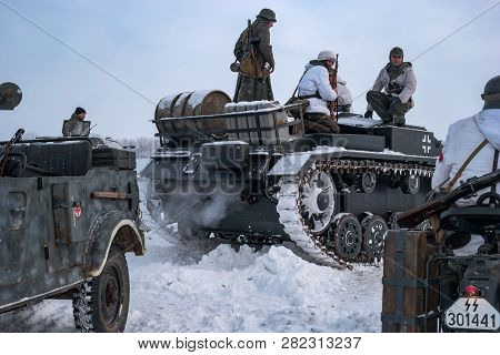 Krasnoye Selo, St. Petersburg, Russia - January 19, 2019: Military Historical Reconstruction - The B