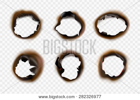 Burn Paper Holes. Fire Damaged Antique Cardboard And White Paper Vector Template. Hole Burn Collecti