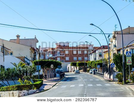 Antas, Spain - January 26, 2019 Old Narrow Street In A Small Town In Andalusia, A Typical Spanish Bu