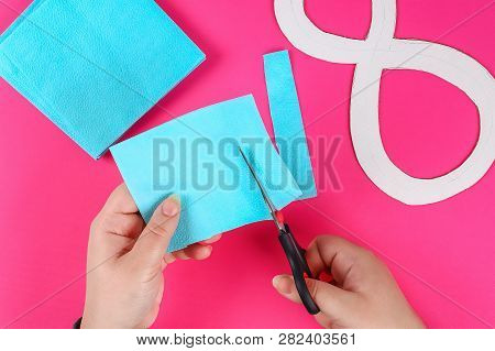 Diy Eight Made Cardboard Decorated Artificial Flower Made Blue Tissue Paper Napkin Pink Background. 