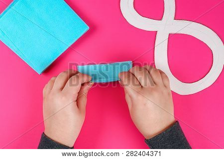 Diy Eight Made Cardboard Decorated Artificial Flower Made Blue Tissue Paper Napkin Pink Background. 