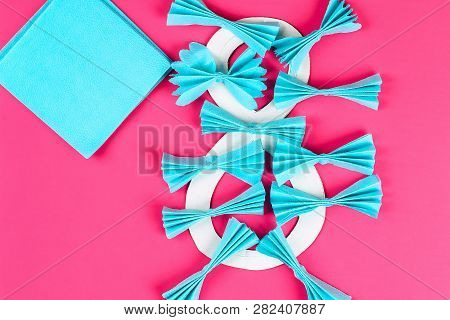 Diy Eight Made Cardboard Decorated Artificial Flower Made Blue Tissue Paper Napkin Pink Background. 