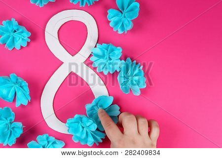 Diy Eight Made Cardboard Decorated Artificial Flower Made Blue Tissue Paper Napkin Pink Background. 