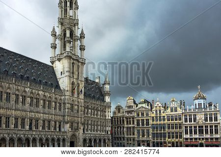 Buildings On Grand Place Square, Brussels, Belgium, Storm Time. Dark Clouds, Outdoors, Copy Space, G