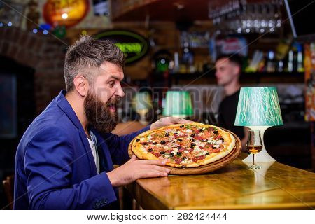 Man Received Delicious Pizza. Cheat Meal Concept. Pizza Favorite Restaurant Food. Fresh Hot Pizza Fo