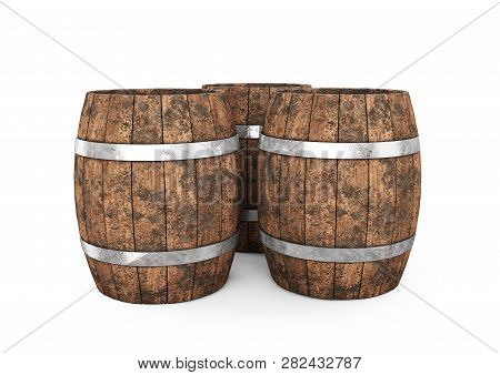 Wooden Barrel With Iron Hoops Isolated On White Background. 3d Rendering. Old Barrel With Rust On Th