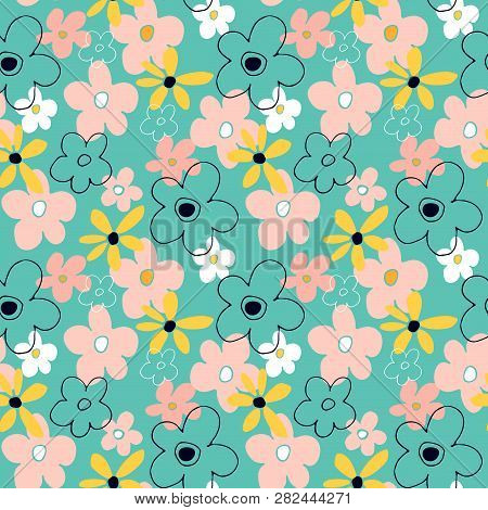 Seamless Pattern With Abstract Flowers. Bright Floral Background With A Blue Background.