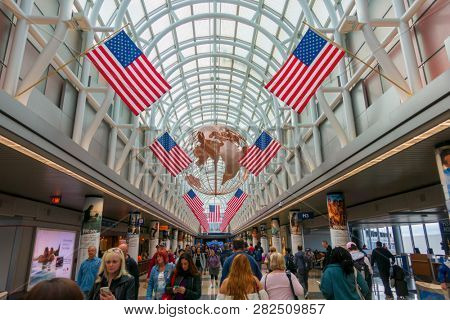 Chicago, USA - September 10, 2018: Passengers in the Ohare airport