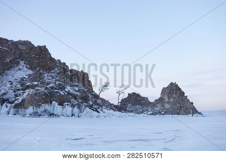 Icicles In Olkhon Island. Lake Baikal. Winter Landscape