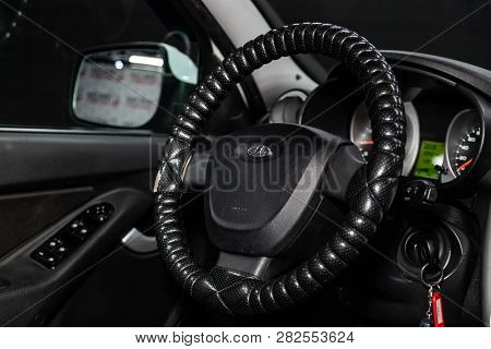 Novosibirsk, Russia -february 05, 2019:  Lada Granta,   Close-up Of The Dashboard, Speedometer And T