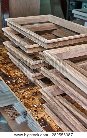 Wood Door Manufacturing Process. Wooden Moldings For Entrance Door. Furniture Manufacture.