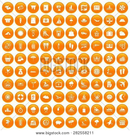100 Seaside Resort Icons Set In Orange Circle Isolated On White Illustration