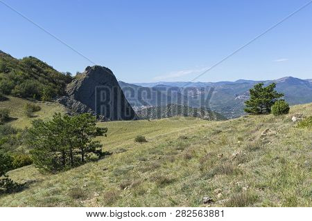 View Of The Surrounding Mountains From The Top Of The Tokluk Mountain Range. Crimea, Sunny Day In Se