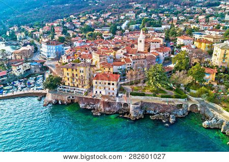 Town Of Lovran And Lungomare Sea Walkway Aerial Panoramic View, Kvarner Bay Of Croatia