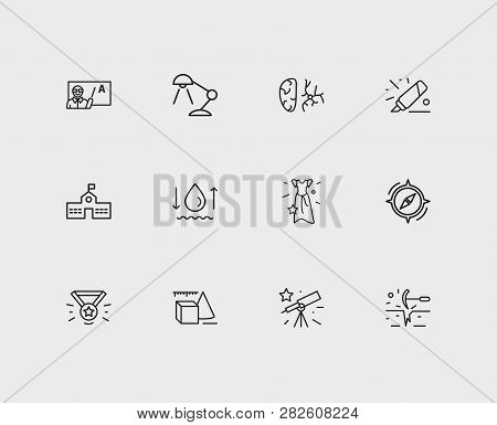 Elearning Icons Set. Geology And Elearning Icons With Desk Lamp, Primary School And Compass. Set Of 