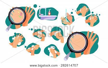 Set Of Rules How To Wash Hands. Microbes, Bathroom, Magnifying Glass. Can Be Used For Topics Like Hy