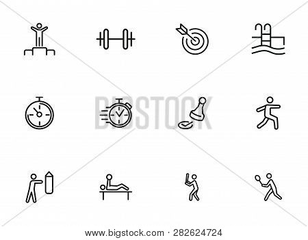 Sport And Activity Icons. Set Of Line Icons On White Background. Stop Watch, Sportsman. Active Lifes