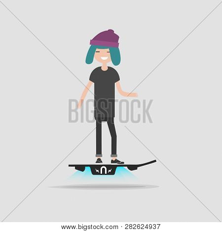Young Haracter Rides On Flying Skateboard.flat Cartoon Design