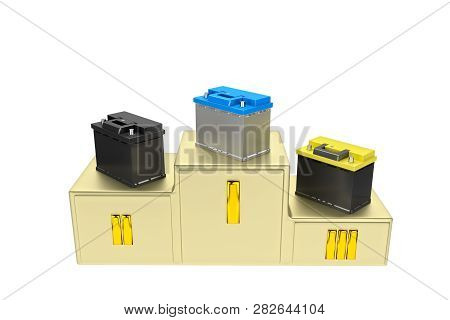 3d Rendering. Car Battery On White Background. Acid Battery For Start Auto. 12v Battery