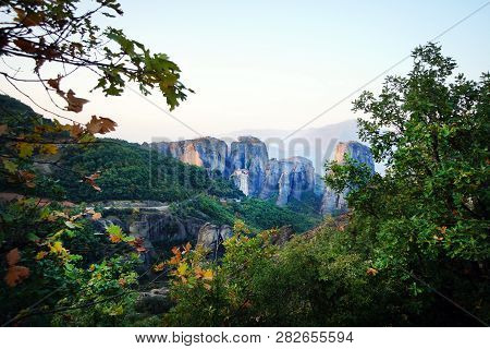 Beautiful Light Effect At Dawn On The Rock Formations And Monasteries Of Meteora, Greece