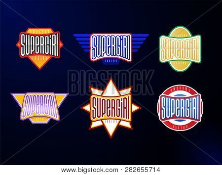 Sport Emblem Typography Set. Super Girl Hero Logotype Sticker For Your T-shirt. Mega Collection