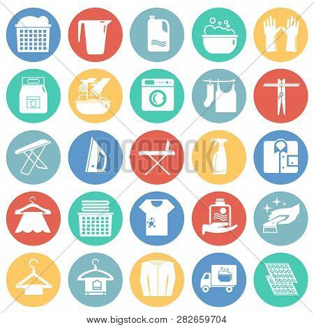 Laundry Icons Set On Color Circles Background For Graphic And Web Design, Modern Simple Vector Sign.