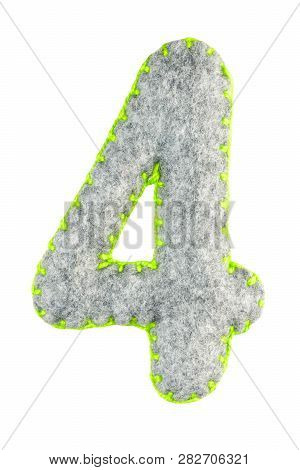 Number 4. Hand Made Number Four From Grey Felt Isolated On White Background. Set Of Numbers From Gre