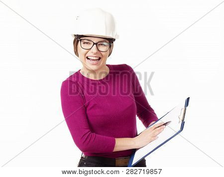 Emotional Girl Brigadier In A White Helmet With Glasses And A Folder In His Hands On A White Backgro