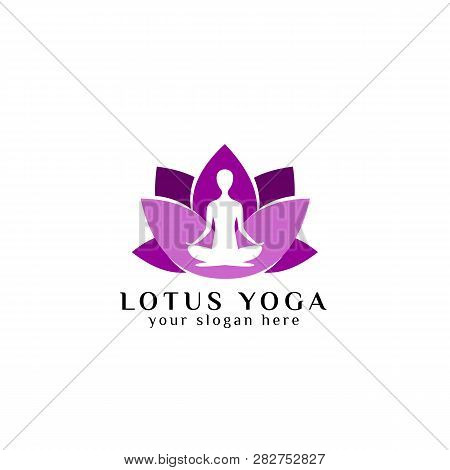 Yoga Logo Design Stock. Human Meditation In Lotus Flower Vector Illustration In Purple Color