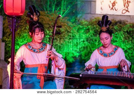 Chengdu, Sichuan Province, China - Feb 5, 2019 : Chinese Female Musicians And Dancers Performing A P