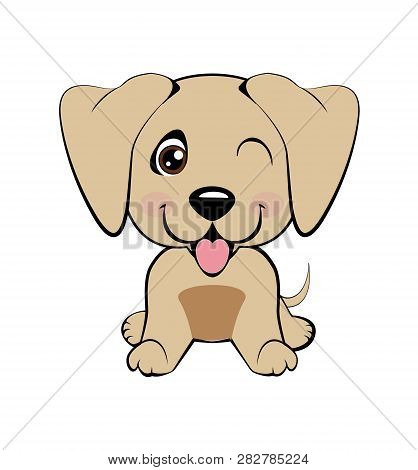 Kawaii Funny Puppy Animal White Muzzle With Pink Cheeks And Winking Eyes.