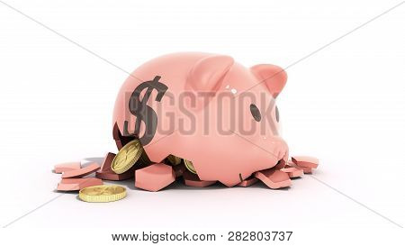 Savings Spending Comcept Pink Ceramic Piggy Bank Completely Broken Up Into Several Large Pieces Mone