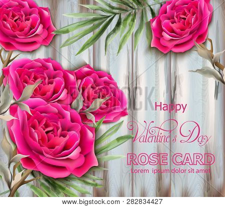 Roses Card Vector Realistic. Beautiful Floral Decor With Palm Leaves. Exotic Tropic Postcards. Fucsi