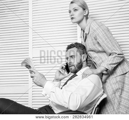 Blackmail And Money Extortion. Illegal Money Profit Concept. Man Speak Mobile Phone Ask For Money. A