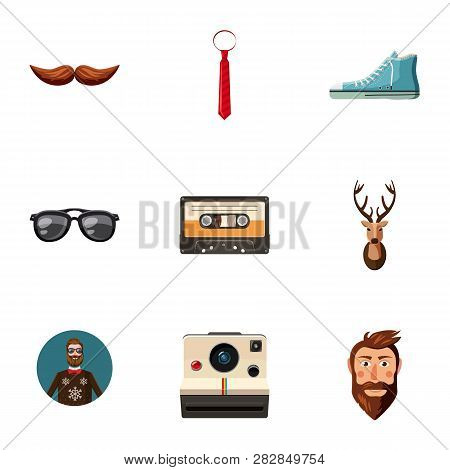 Hipster Man Toolsicons Set. Cartoon Set Of 9 Hipster Man Tools Icons For Web Isolated On White Backg