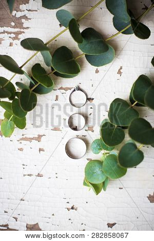 Beautiful Old Ring On A White Table With A Sprig Of Eucalyptus