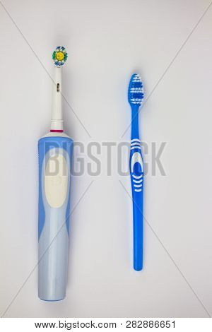 Electric Toothbrush Closeup. Mocap Manual Toothbrush. Isolated On White Background Copy Space