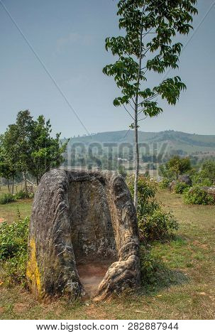 Mysterious Ancient Stones At Sarchaeological Site,and Area Of U.s. Bombings During Vietnam War.near 