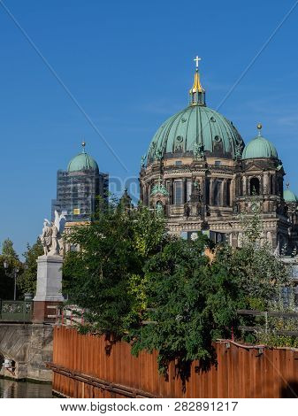 Berlin, Germany- September 18, 2018: View Of The Cathedral From The Side Of The Bridge, Dome Of Berl