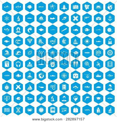 100 Oceanologist Icons Set In Blue Hexagon Isolated Illustration