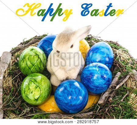 Nest Easter Bunny With Colored Eggs Happy Easter