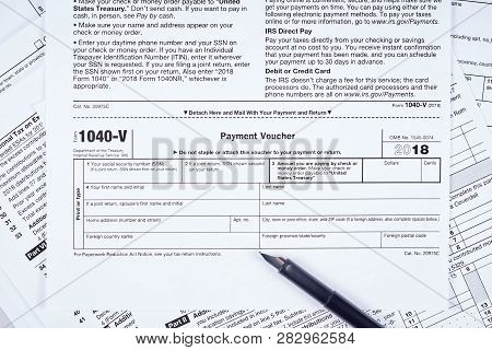 Tax Payment Form. 1040-v Tax Form, Pen On Background Other Forms