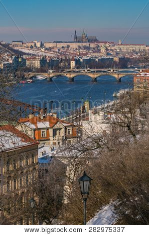 Prague, Czech Republic / Europe - February 5 2019: Scenic View Of Prague City, Prague Castle In Dist
