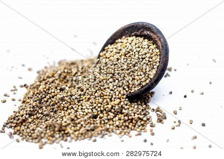 Close Up Of Grains Of Pearl Millet Or Bajra Or Pennisetum Glaucum In A Clay Bowl Isolated On White.