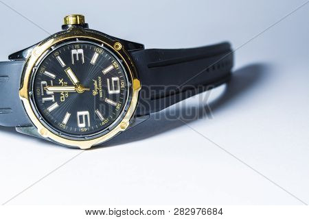 Zelenodolsk, Ukraine, On January 5, 2019. The Mens Wrist Black Watch With A Rubber Thong And The Gol