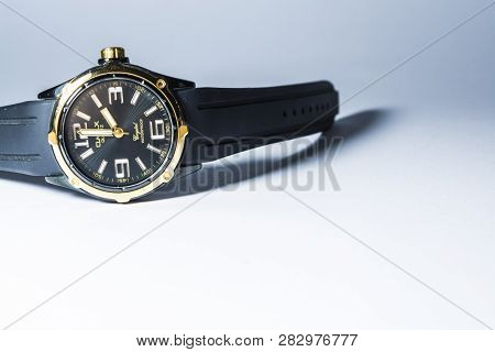 Zelenodolsk, Ukraine, On January 5, 2019. The Mens Wrist Black Watch With A Rubber Thong And The Gol