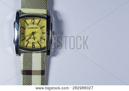 Zelenodolsk, Ukraine, On January 5, 2019. The Female Watch With A Leather Thong, White In A Cage, An
